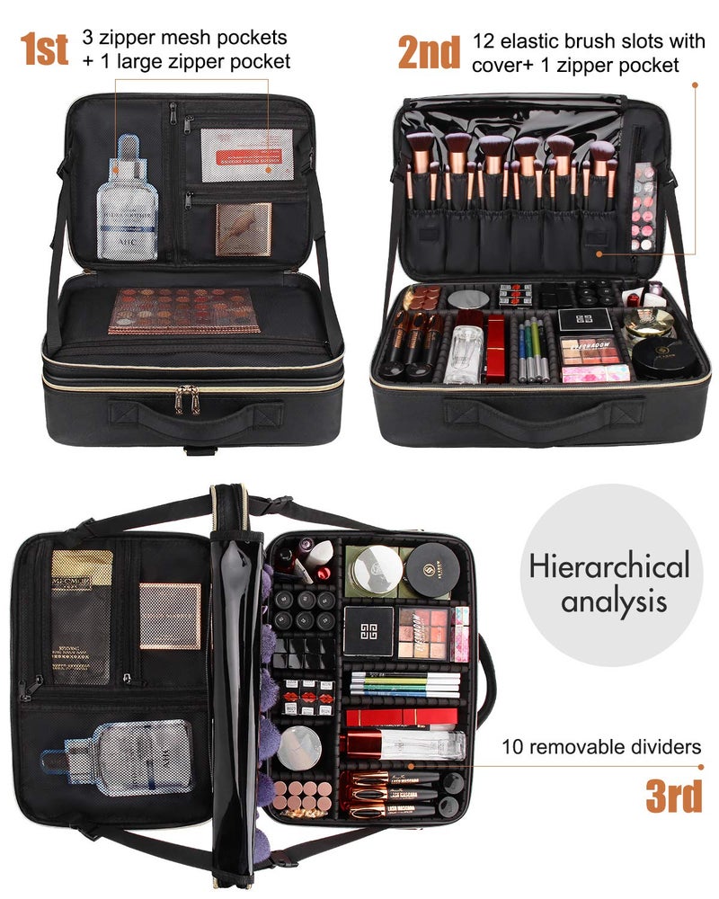 Relavel Makeup Case Large Makeup Bag Professional Train Case 16.5 inches Travel Cosmetic Organizer Brush Holder Waterproof Makeup Artist Storage Box, 3 Layer Large Capacity, with Adjustable Strap - Image 3