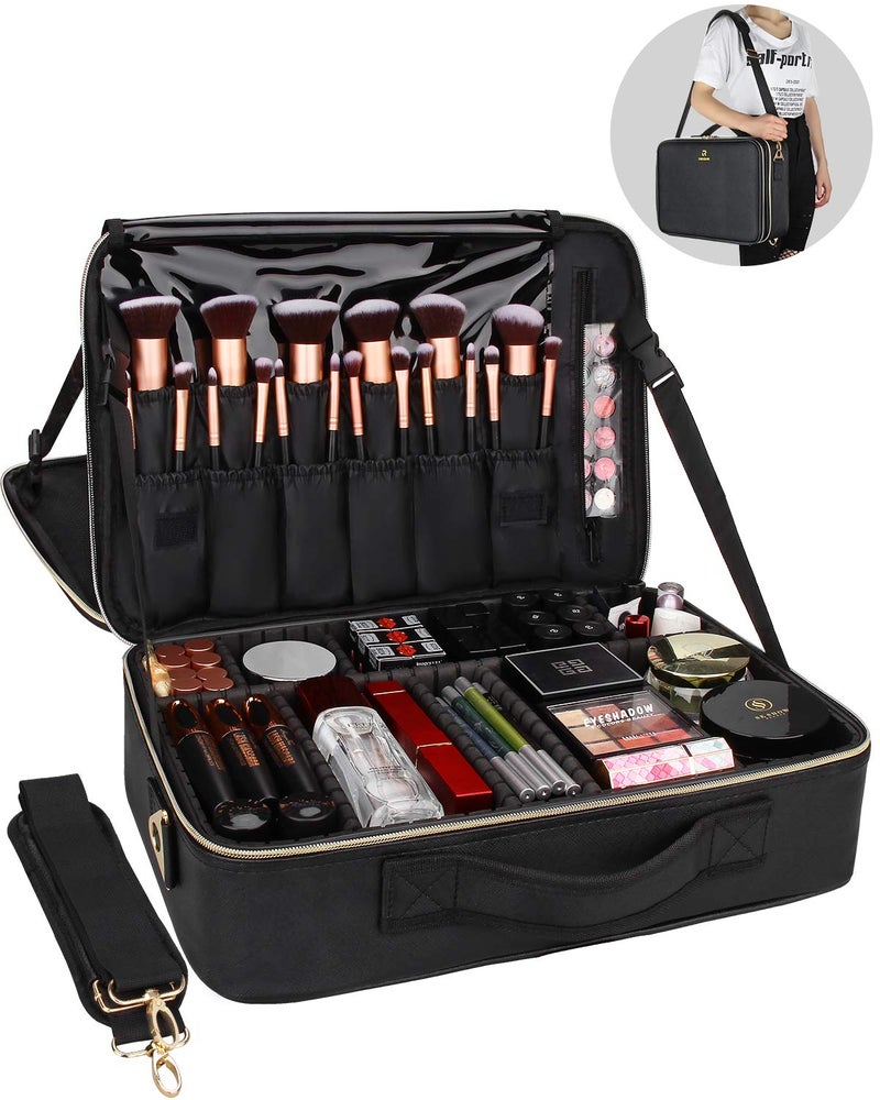 Relavel Makeup Case Large Makeup Bag Professional Train Case 16.5 inches Travel Cosmetic Organizer Brush Holder Waterproof Makeup Artist Storage Box, 3 Layer Large Capacity, with Adjustable Strap - Image 2
