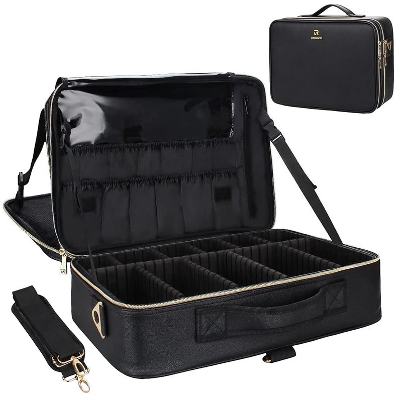 Relavel Makeup Case Large Makeup Bag Professional Train Case 16.5 inches Travel Cosmetic Organizer Brush Holder Waterproof Makeup Artist Storage Box, 3 Layer Large Capacity, with Adjustable Strap - Image 1