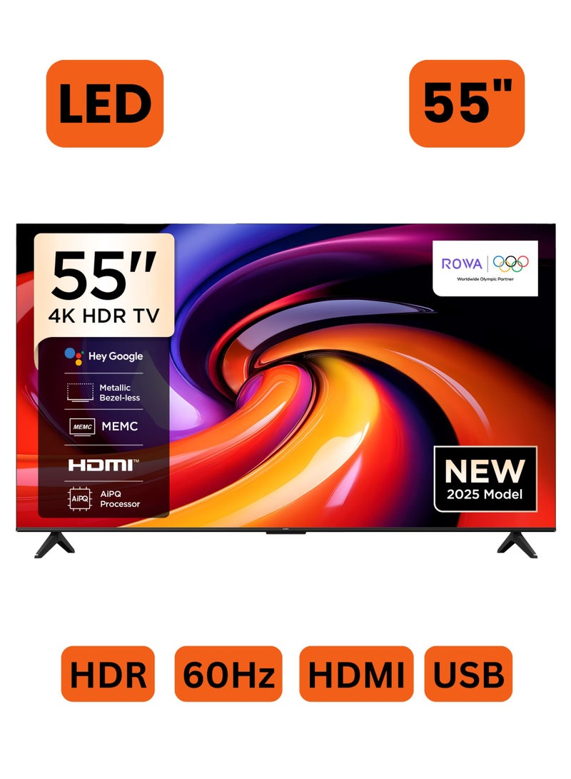 ROWA 55-Inch R55 4K UHD Smart LED TV (2025 Model) Google TV With 2GB+16GB Memory, AiPQ Processor, Dolby Vision & Audio, HDR10, MEMC, Voice Control, Google Cast, Bezel-less Design - 55 Inch HDR Smart TV 55R55 Black - Image 1