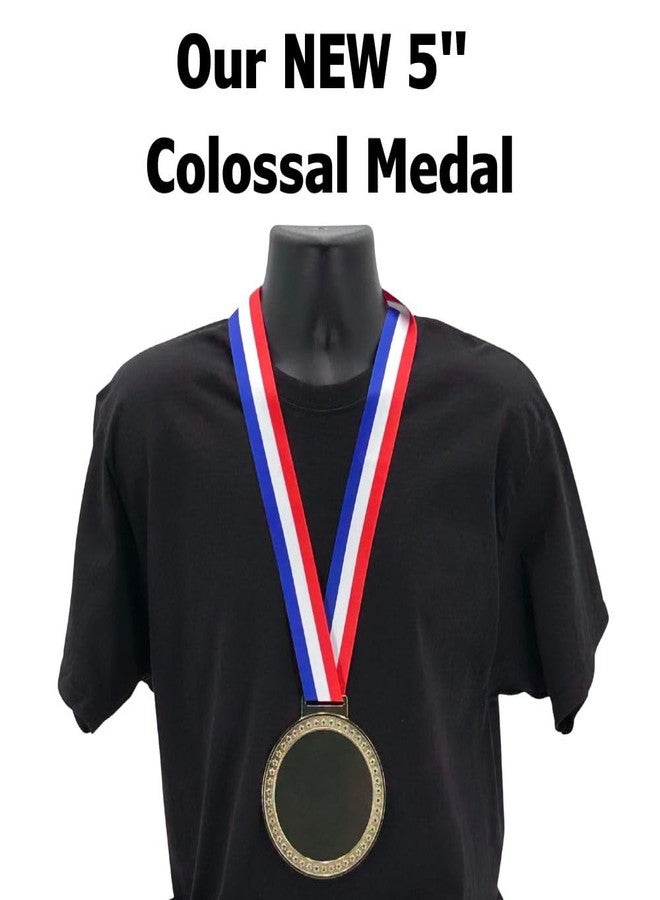 Express Medals Colossal 5 Inch Blank Medal Space for a 4 Inch Insert Award Trophy with Red White and Blue Neck Ribbon, Gold Finish with Star Border Design, DIY Personalization Space - Image 4