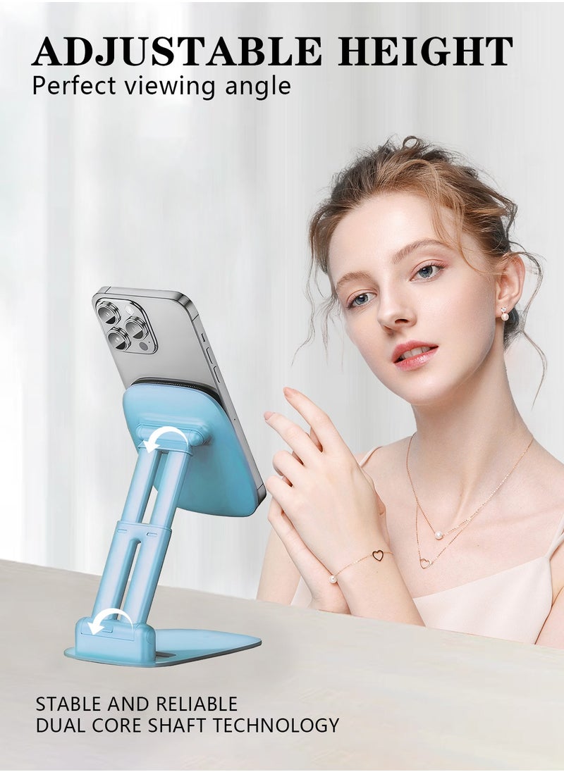 Foldable Phone Holder for Desk, Height & Angle Adjustable Cell Phone Stand, Foldable Desk Phone Stand Compatible with Most Phones (Blue)