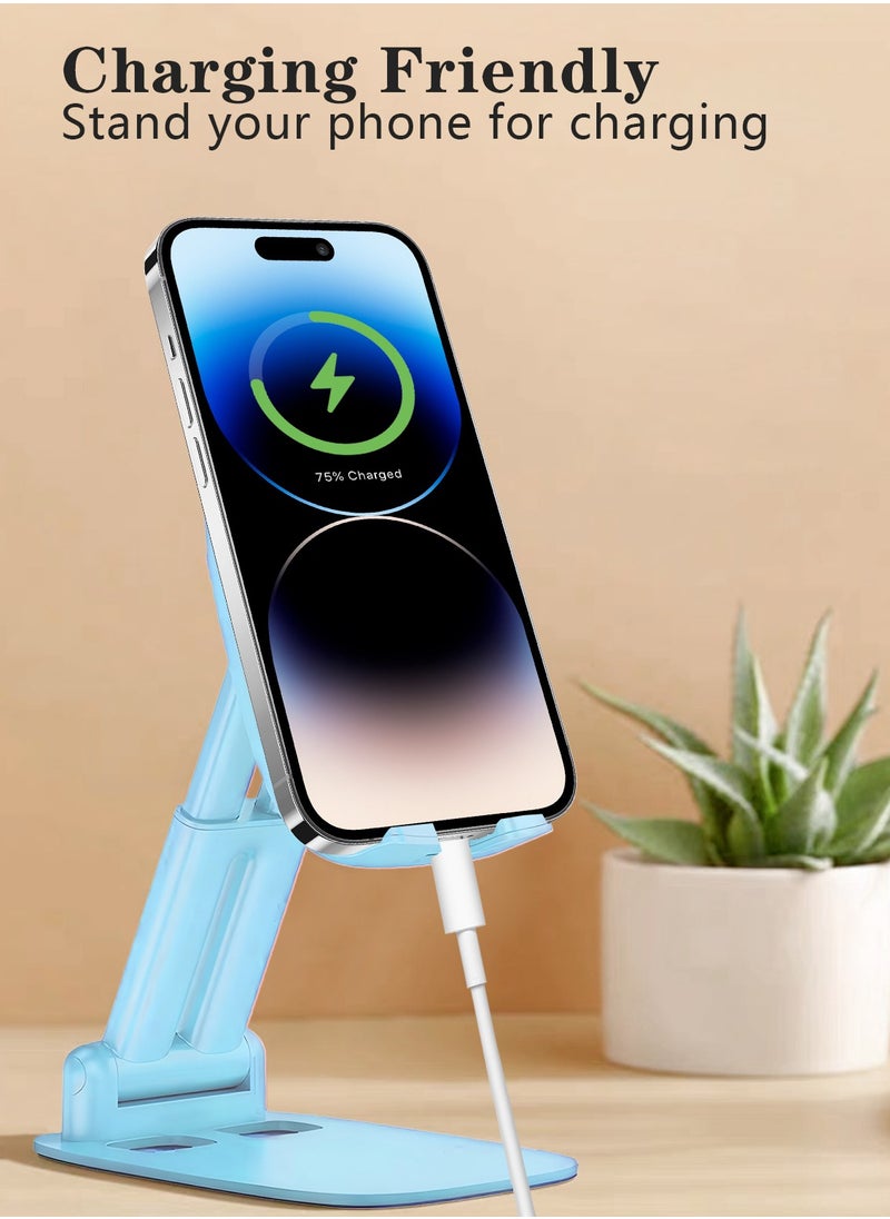 Foldable Phone Holder for Desk, Height & Angle Adjustable Cell Phone Stand, Foldable Desk Phone Stand Compatible with Most Phones (Blue)