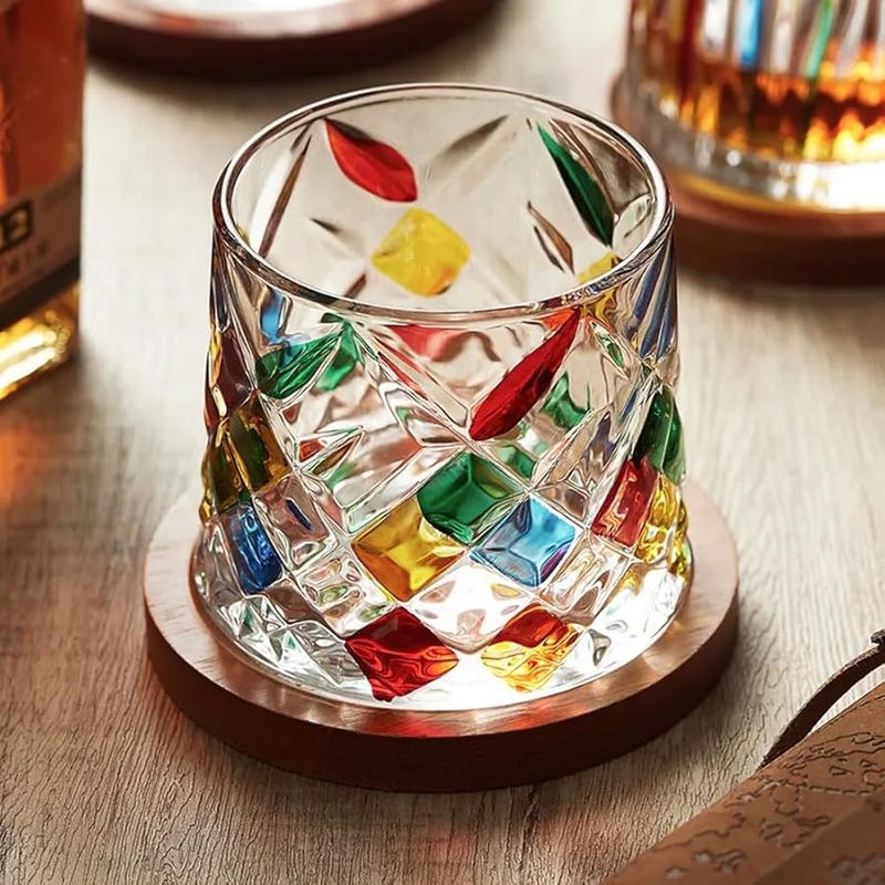 Rotating Crystal Whiskey Glasses With Wooden Coaster Tray Stripe Colored Stress Relief Glass Cup - Image 3