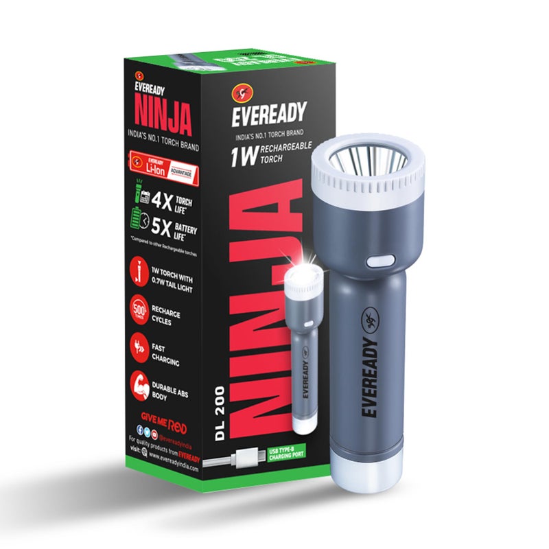 Eveready DL 200 Ninja, 1W LED Reachargeable Torch, Comes with 0.7W Tail Light, Pack of 1 - Image 5