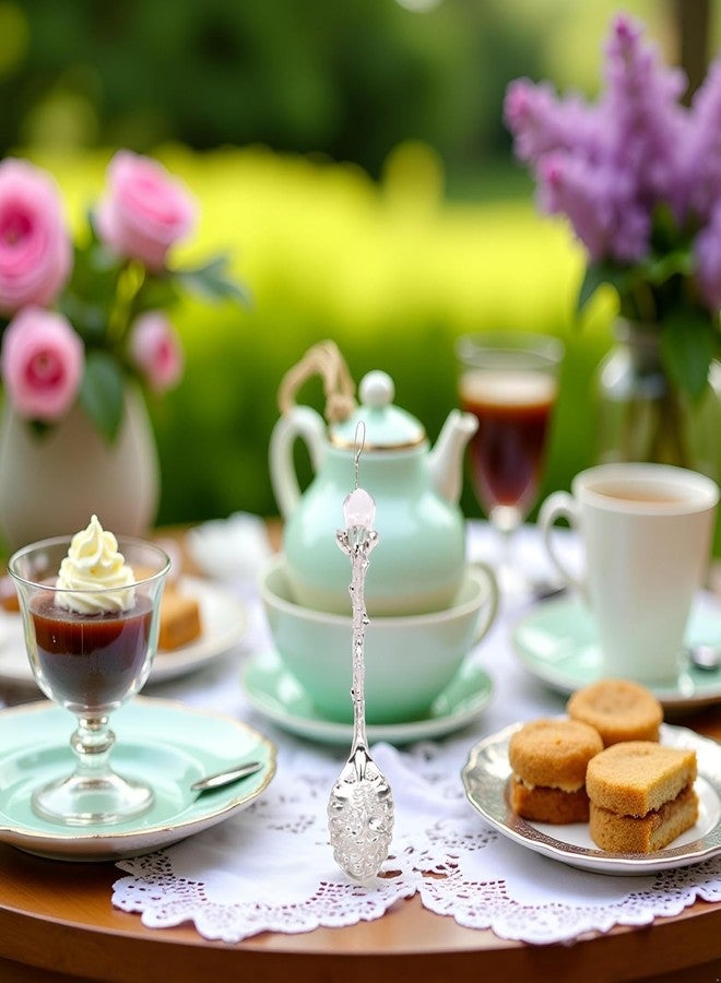 SelHeng 2Pcs Crystal Coffee Spoon Vintage Floral Carved Long Handle Ice Cream Tea Spoon,Silver Diamond RHinestone - Image 3