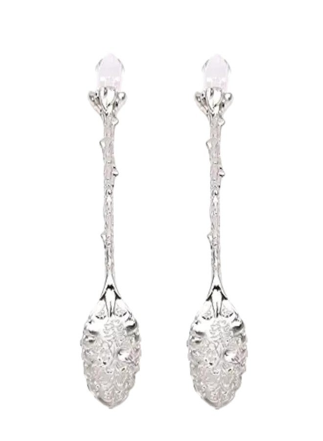 SelHeng 2Pcs Crystal Coffee Spoon Vintage Floral Carved Long Handle Ice Cream Tea Spoon,Silver Diamond RHinestone - Image 1