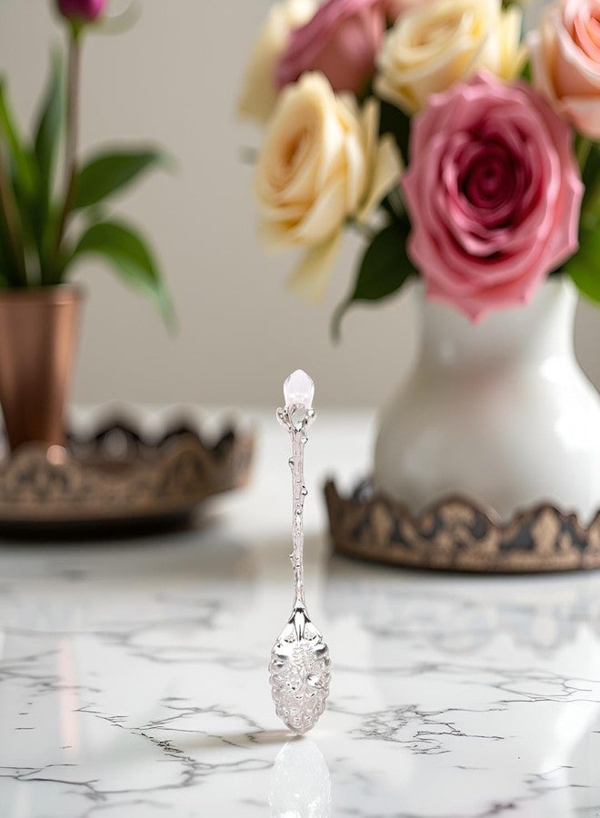 SelHeng 2Pcs Crystal Coffee Spoon Vintage Floral Carved Long Handle Ice Cream Tea Spoon,Silver Diamond RHinestone - Image 2