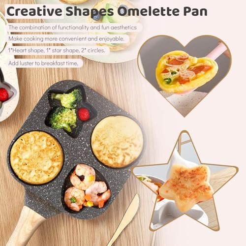 Winkelen 4 Cavity Egg Pan Non Stick, Pancake Maker, 4-Cup Egg Frying Pan with Wooden Handle Star & Heart Granite Mini Egg Cooking Pan for Breakfast, Pan Skillet Suitable for Gas Stove & Induction Top - Image 5