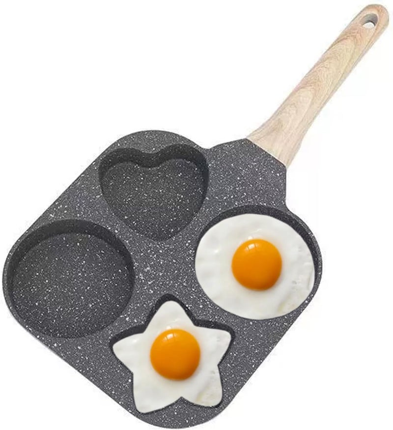 Winkelen 4 Cavity Egg Pan Non Stick, Pancake Maker, 4-Cup Egg Frying Pan with Wooden Handle Star & Heart Granite Mini Egg Cooking Pan for Breakfast, Pan Skillet Suitable for Gas Stove & Induction Top - Image 1
