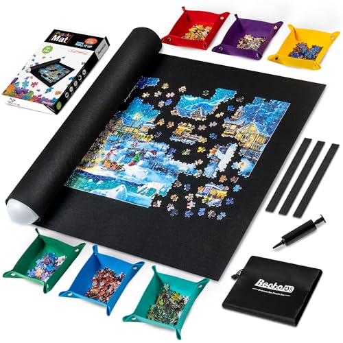 Becko US 2000 Piece Puzzle Mat Roll Up with 6 Sorting Trays  Storage Bag  Black Pump Jigsaw Felt Mat for Easy Transport  Storage Portable Puzzle Saver for 2000 1500 1000 Pieces Jigsaw Puzzles - Image 1