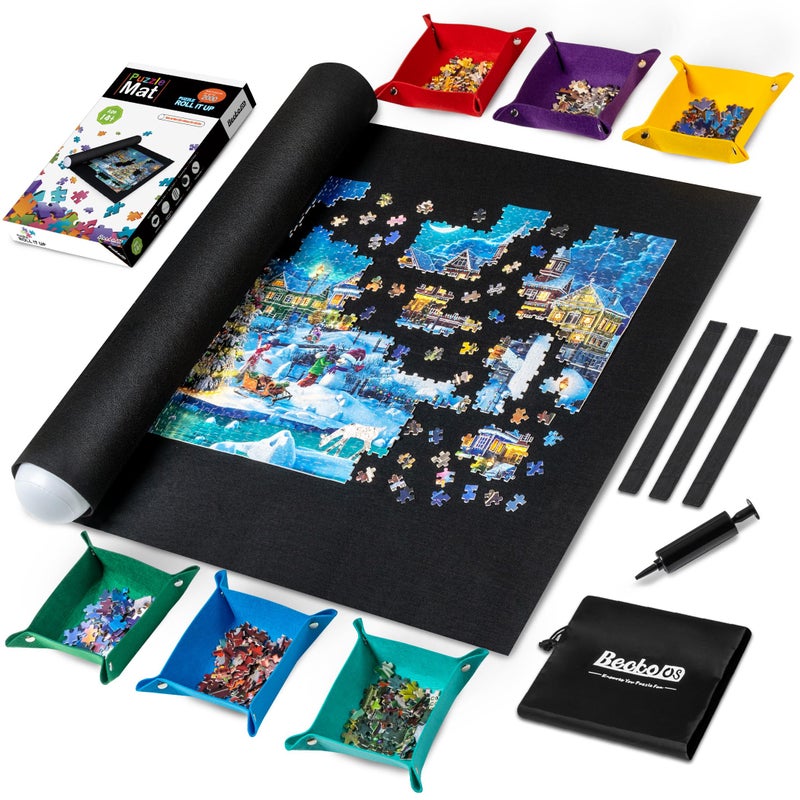 Becko US 2000 Piece Puzzle Mat Roll Up with 6 Sorting Trays  Storage Bag  Black Pump Jigsaw Felt Mat for Easy Transport  Storage Portable Puzzle Saver for 2000 1500 1000 Pieces Jigsaw Puzzles - Image 3