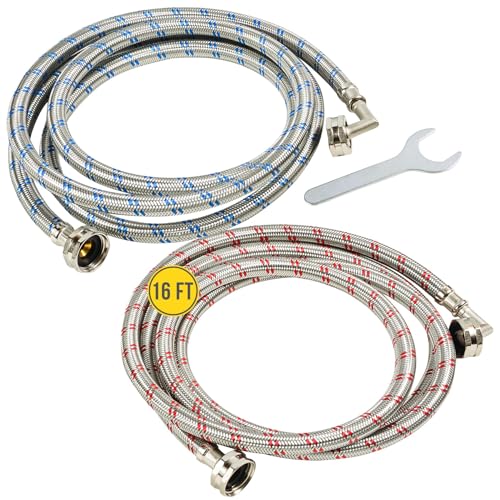 Hippohose LONG Washing Machine Hoses (16FT) - 90° Elbow - OCTAGON Connections for Secure Tightening - Universal Fit to All Wash Machines - (2 Pack) Braided Stainless Steel - Burst Proof Washer Supply Hose - Image 1