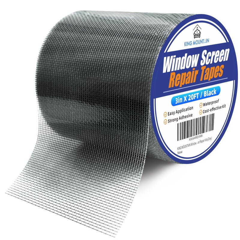 KING MOUNTAIN Black Window Screen Repair Tape,3inX20FT Heavy Duty Screen Repair Kit for Window Screen and Screen Door Tears Holes,Strong Adhesive & Waterproof Window Screen Patch - Image 1