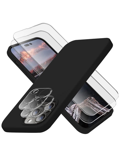 Designed for iPhone 14 Pro Max Case, Silicone Phone Case with [2 Screen Protectors]  [2 Camera Lens Protectors] and Soft Anti-Scratch Microfiber Lining Inside, 6.7 inch, Black