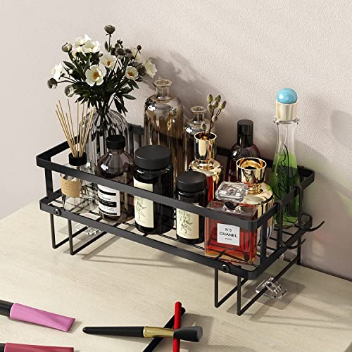 Godboat Bathroom Organizer - Over Toilet Storage, Floating Shelves with 2 Hooks, Wall Mounted Shelf Rack, Behind and Above The Tank, Gifts for Women (Black, 1-Tier) - Image 3