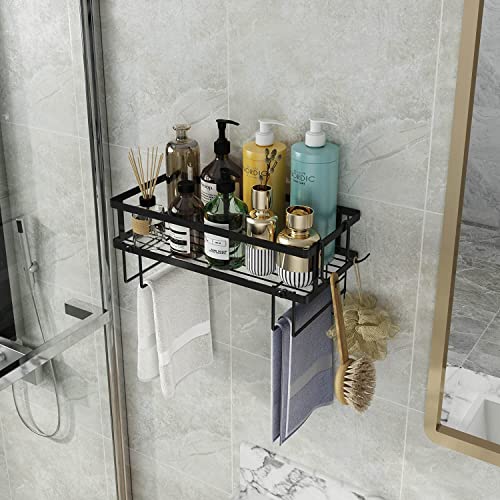 Godboat Bathroom Organizer - Over Toilet Storage, Floating Shelves with 2 Hooks, Wall Mounted Shelf Rack, Behind and Above The Tank, Gifts for Women (Black, 1-Tier) - Image 2