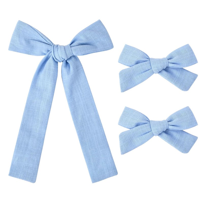 DEEKA Blue Cotton Linen Hair Bows 2 Sizes 535 Soft Hair Bow set for Toddler Girls Long Ponytail Knot Bows Alligator Clip Hair Accessories for Little School Girls Blue