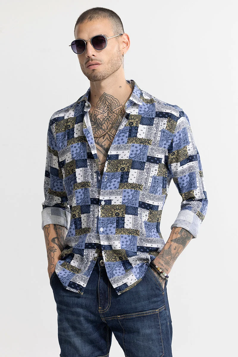 SNITCH Blue Geometric Long Sleeve Slim Fit Casual Shirt