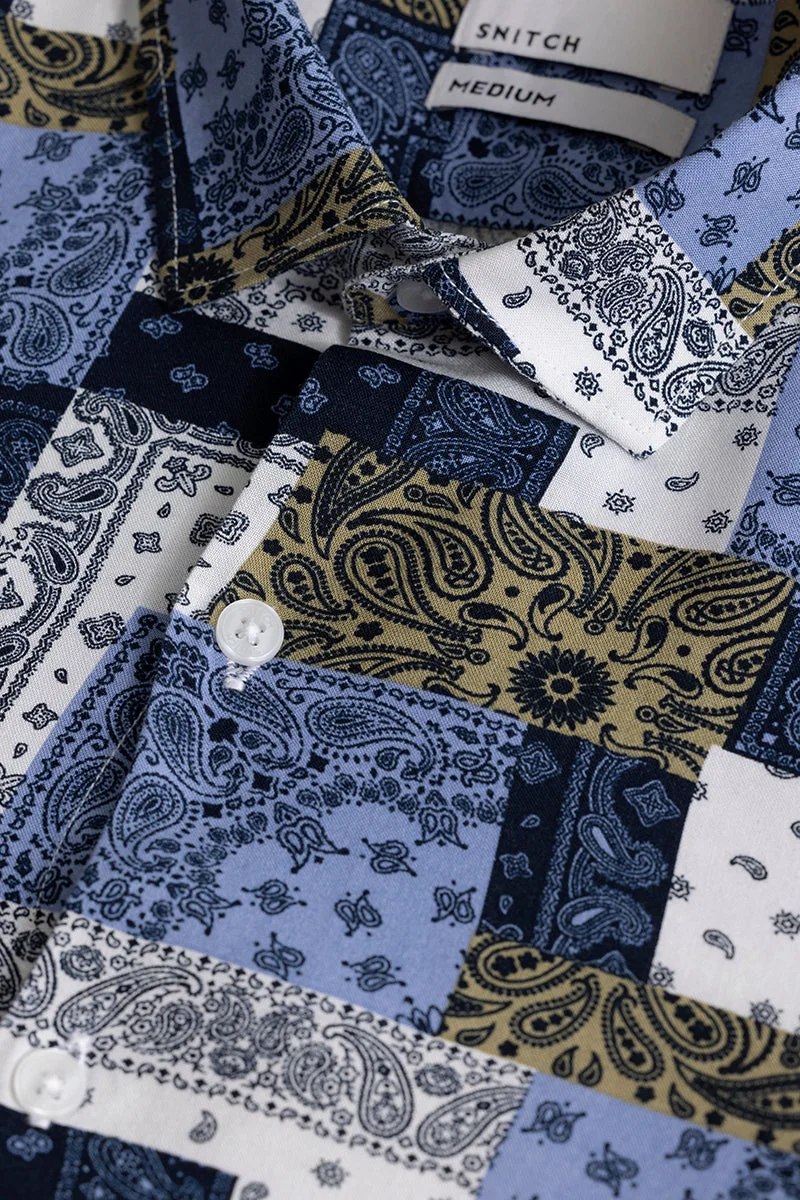SNITCH Blue Geometric Long Sleeve Slim Fit Casual Shirt