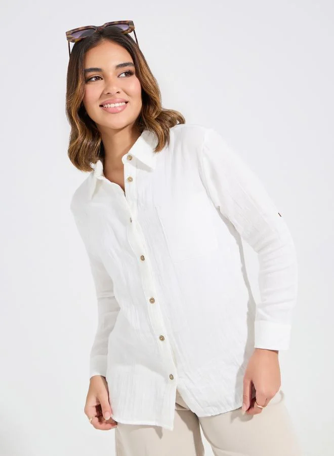 Styli Women Cotton Oversized Shirt with Roll-Up Sleeves