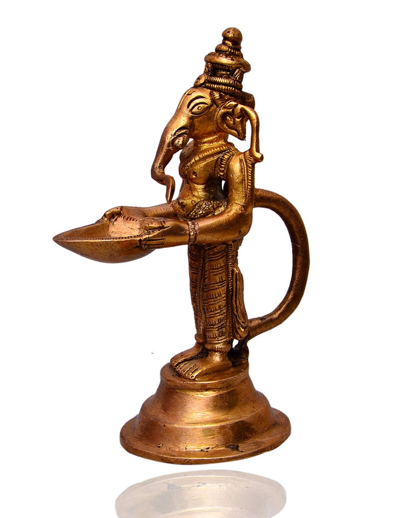 Purpledip Unique Brass Ganpati Idol Holding Diya, Indian Gift Ideas (10513) - Image 2