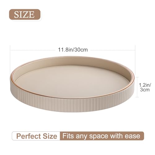 GORESE 12 Round Decorative Tray for Coffee Table PU Leather Compact Serving Tray for Home Decor Everyday Accents Modern Nightstand Tray for Jewelry Perfume Beige - Image 3