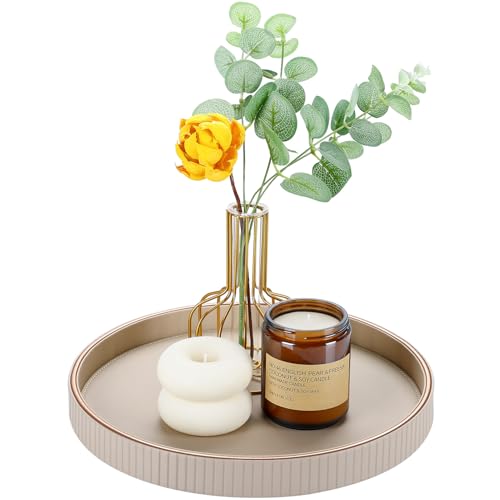 GORESE 12 Round Decorative Tray for Coffee Table PU Leather Compact Serving Tray for Home Decor Everyday Accents Modern Nightstand Tray for Jewelry Perfume Beige - Image 1