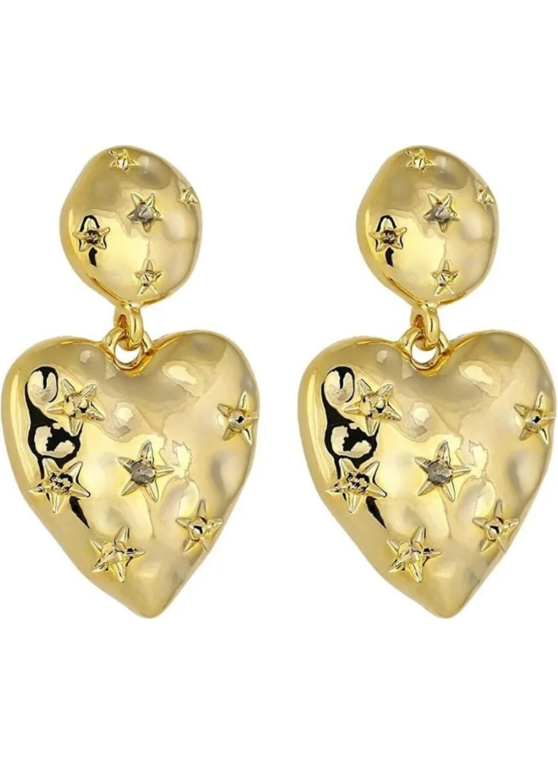 Bahels Star Pattern Dangle Gold Heart Earrings