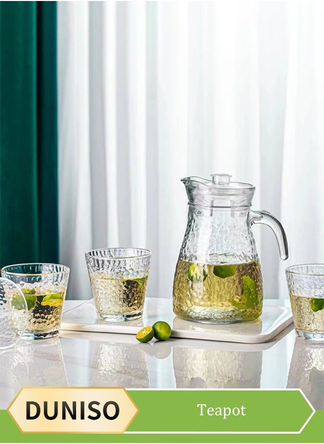 DUNISO 5-Piece Glass teapot With Lid and Spout,hammered texture Glass jug Set,Beverage Pitcher for Drinks, Glass Water Carafe, Which is 1 Teapot And 4 Cups,Water Carafe Jug With Lids For Iced Tea Lemonade Coffee Milk Juice ﻿  - Image 1