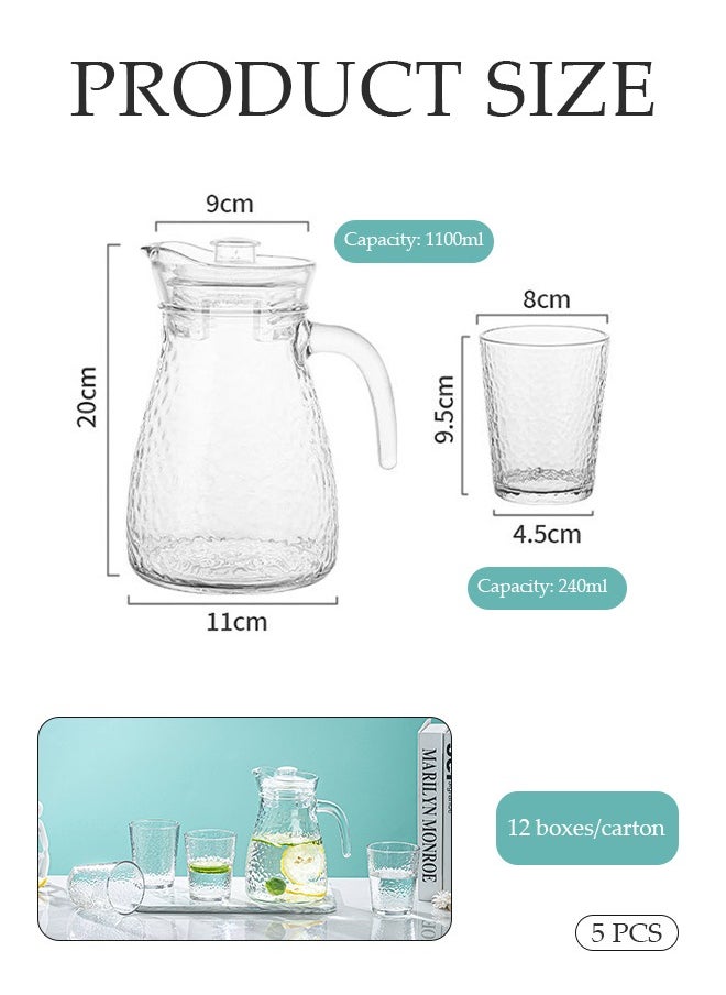 DUNISO 5-Piece Glass teapot With Lid and Spout,hammered texture Glass jug Set,Beverage Pitcher for Drinks, Glass Water Carafe, Which is 1 Teapot And 4 Cups,Water Carafe Jug With Lids For Iced Tea Lemonade Coffee Milk Juice ﻿  - Image 2