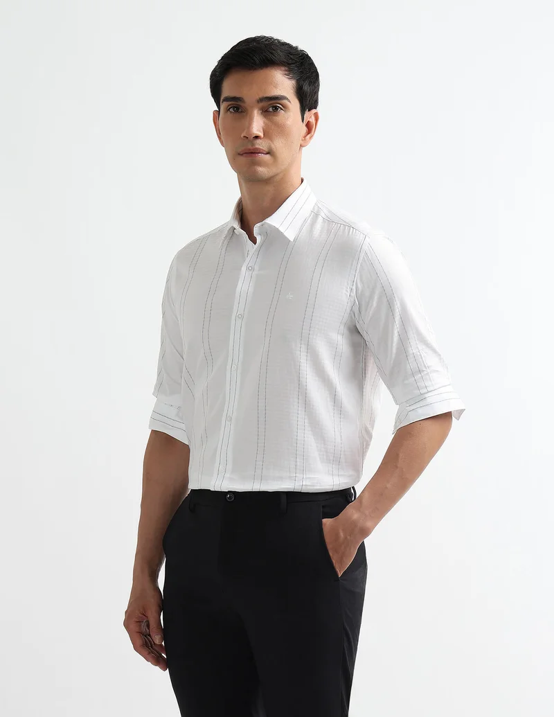 Arrow White Self Design Vertical Striped New York Shirt for Men | Best Price UAE