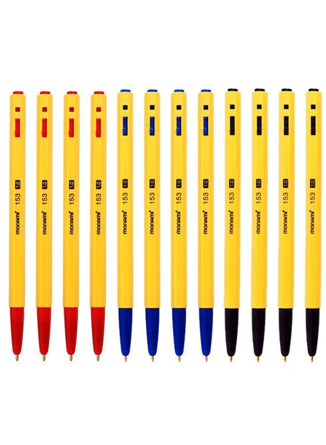 Monami 153 Ballpoint Pen 1.0mm Dozen Box (Black, Blue, Red Ink Color Mix 12 Pens) - Image 1