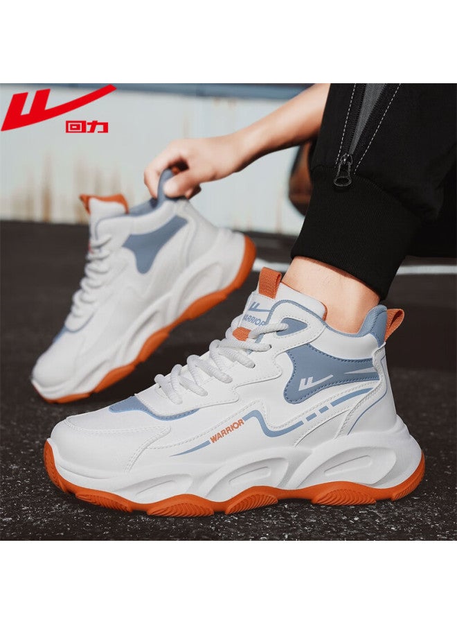 Warrior Men's Autumn New Thick-soled High-top Casual Work Shoes Fashionable Versatile Sports Basketball Shoes White Blue Size 41