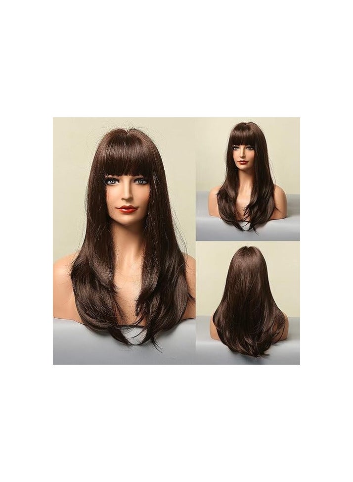 باروكة شعر صناعي  طويل  مستقيم بلون بني  شعر حراري