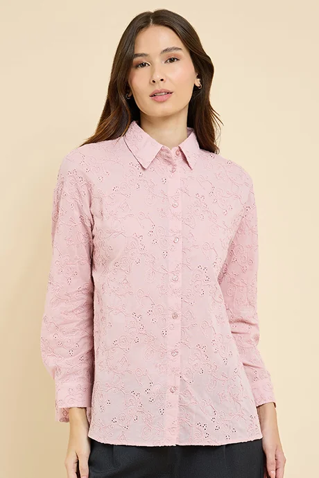 أر أند بي Schiffli Shirt with Classic Collar and Long Sleeves
