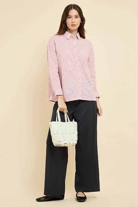 أر أند بي Schiffli Shirt with Classic Collar and Long Sleeves