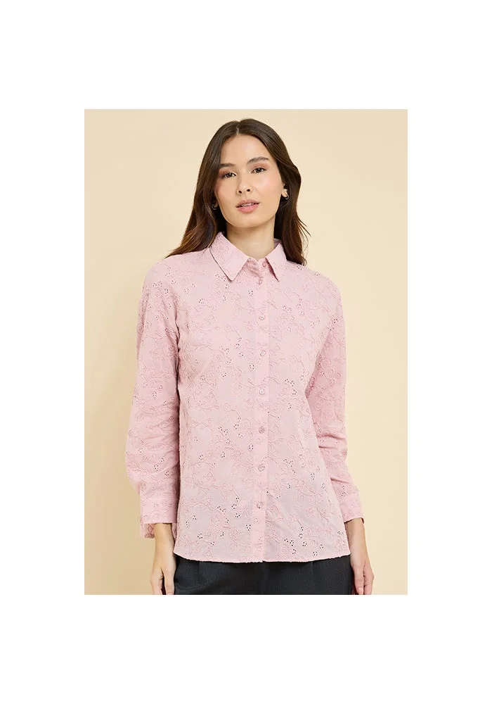 أر أند بي Schiffli Shirt with Classic Collar and Long Sleeves