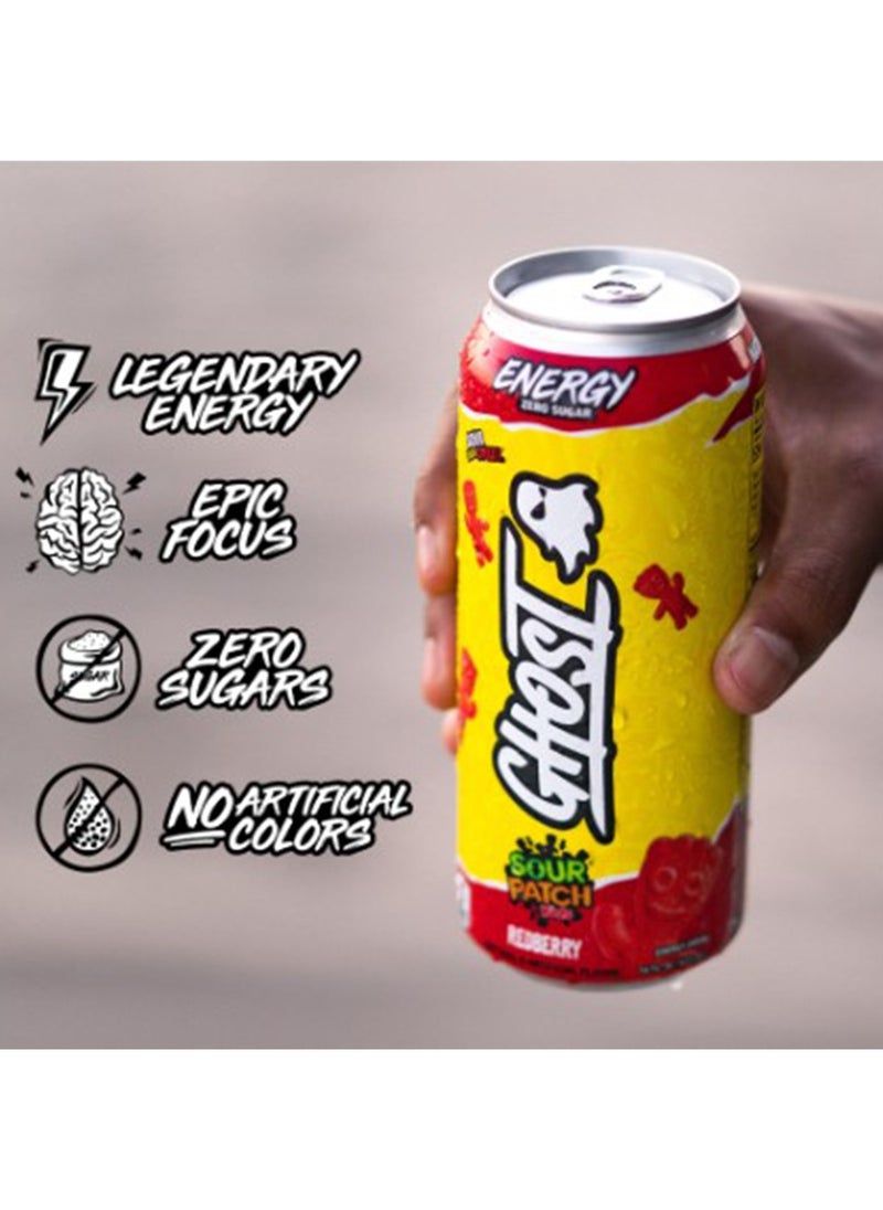 Ghost - Ghost Energy Zero Sugar Sour Patch Kids, Red Berry, 16 fl oz (473 ml), Pack of 12 - Image 1