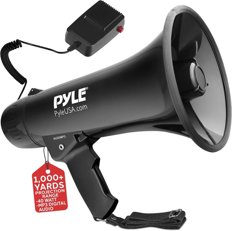 Pyle Portable Megaphone Speaker PA Bullhorn with Built-in Siren, 40W Adjustable Volume Control & 1000 Yard Range - Black - Image 1