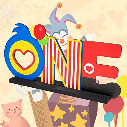 C1krint Plim Plim ONE Letter Sign Wood Table Centerpiece - 1Pcs Circus Clown Plim Plim Theme First Birthday Party Decoration Supply for One Year Old Baby Shower 1st Birthday Table Ornament Photo Props - Image 4
