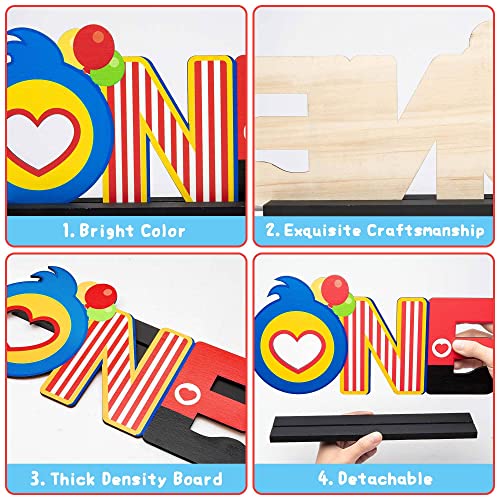 C1krint Plim Plim ONE Letter Sign Wood Table Centerpiece - 1Pcs Circus Clown Plim Plim Theme First Birthday Party Decoration Supply for One Year Old Baby Shower 1st Birthday Table Ornament Photo Props - Image 2