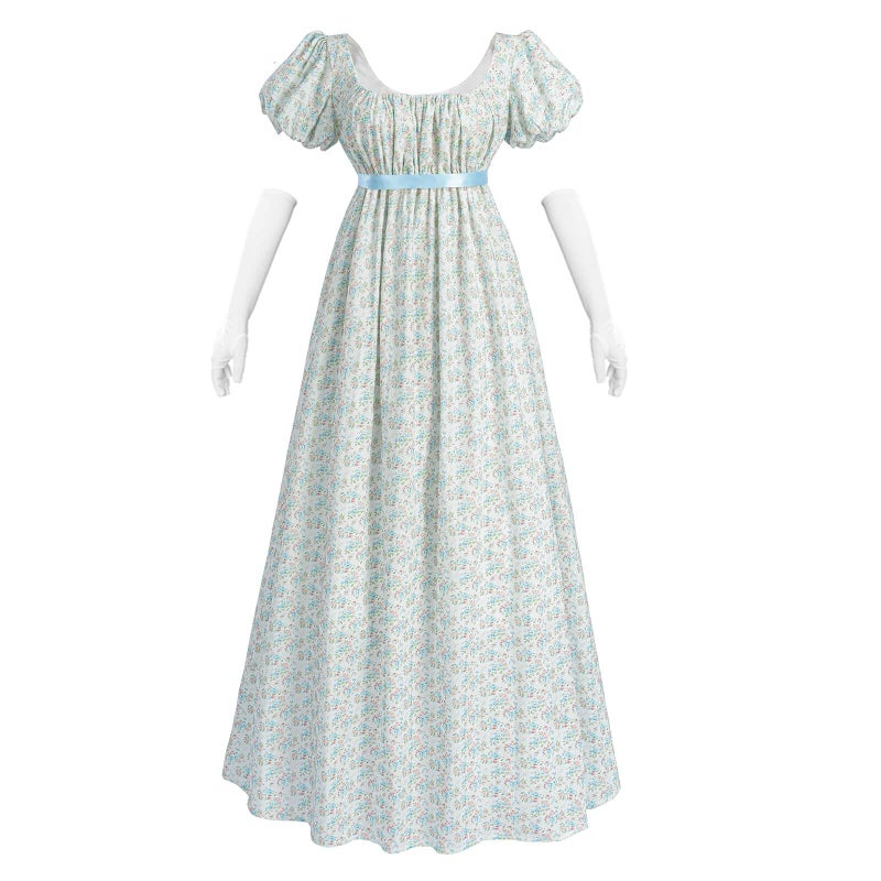 Nuoqi Regency Dresses for Women Long Floral Regency Era Dress Empire Waist Tea Party Dress Small, Blue Floral - Image 1