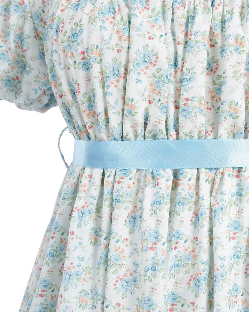 Nuoqi Regency Dresses for Women Long Floral Regency Era Dress Empire Waist Tea Party Dress Small, Blue Floral - Image 5