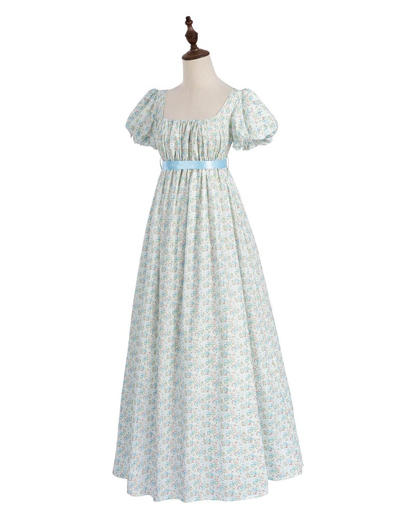 Nuoqi Regency Dresses for Women Long Floral Regency Era Dress Empire Waist Tea Party Dress Small, Blue Floral - Image 2
