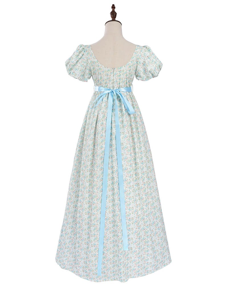 Nuoqi Regency Dresses for Women Long Floral Regency Era Dress Empire Waist Tea Party Dress Small, Blue Floral - Image 3