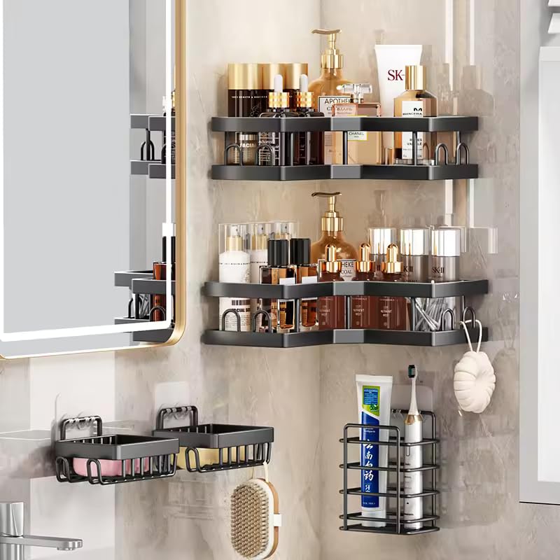 Vasukie 5Pcs Self Adhesive Corner Stainless Steel Shelf for Bathroom,Adhesive Shelf for Kitchen with Magic Sticker,Bathroom Organizer Without Drill for Bathroom Storage & Home Decor Black - Image 1