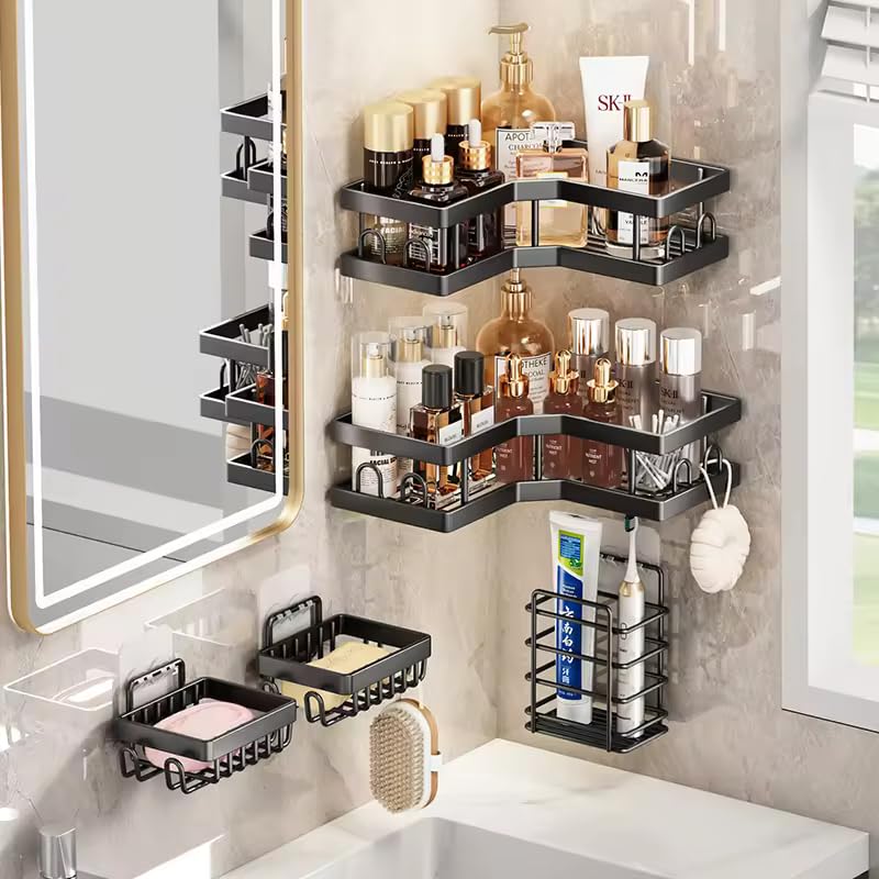 Vasukie 5Pcs Self Adhesive Corner Stainless Steel Shelf for Bathroom,Adhesive Shelf for Kitchen with Magic Sticker,Bathroom Organizer Without Drill for Bathroom Storage & Home Decor Black - Image 2