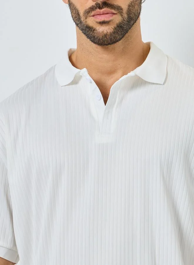 Styli White Textured Regular Fit Polo T-Shirt
