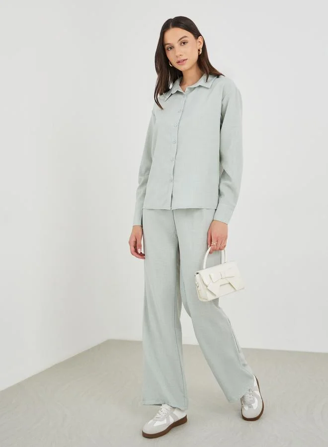 تايك تو Take Two Solid Shirt and Wide Leg Pants Co-Ords
